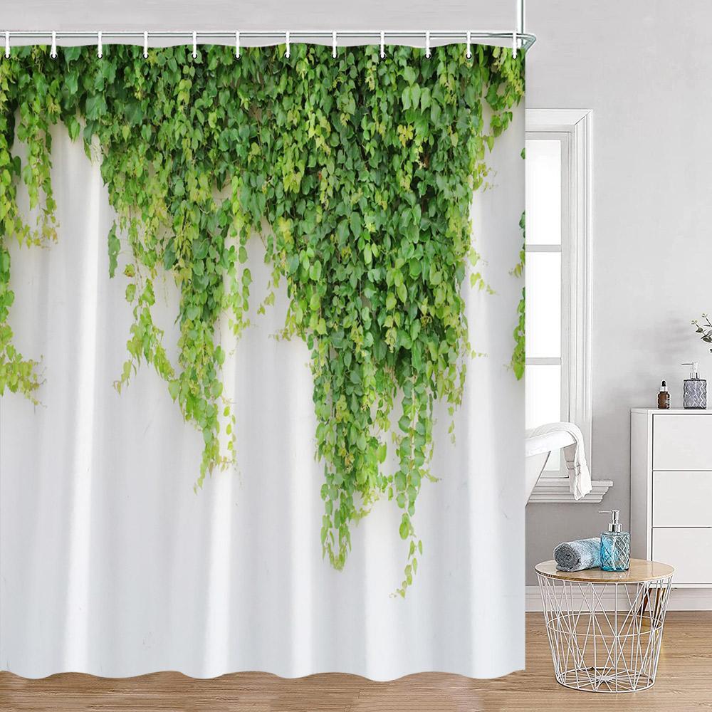 Green Vines Wall Shower Curtains Green Plants Greenery Bathroom Decorations Vintage Landscape Polyester Bath Curtains With Hooks