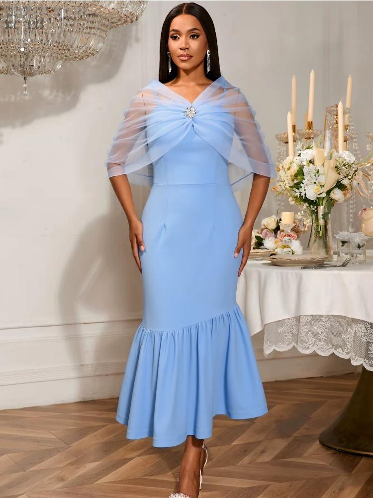 Elegant Evening Long Dresses for Women Cold Shoulder Organza Patchwork High Waist Package Hip Fishtail Ruffles Cocktail Outfits