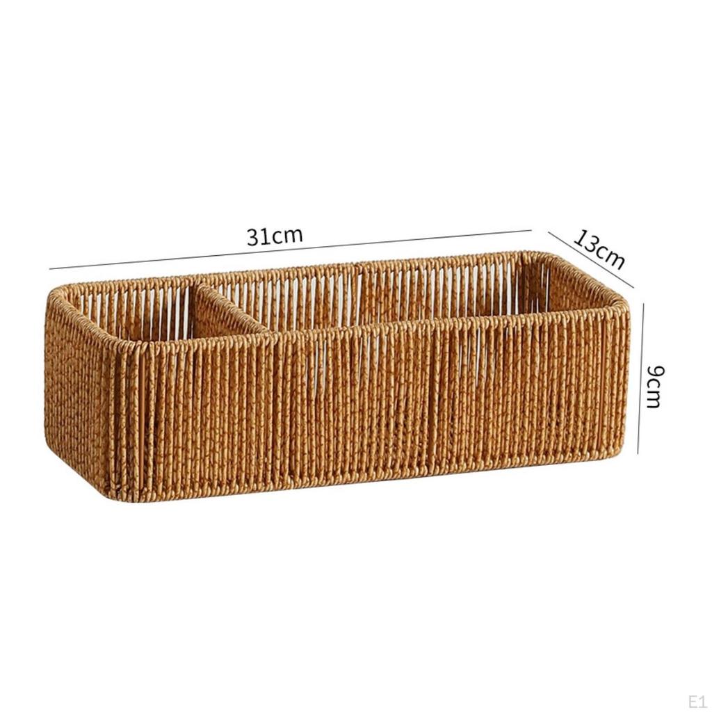Woven Desktop Storage Box Reinforced Rim Rattan Desk Organizer Uncovered Top