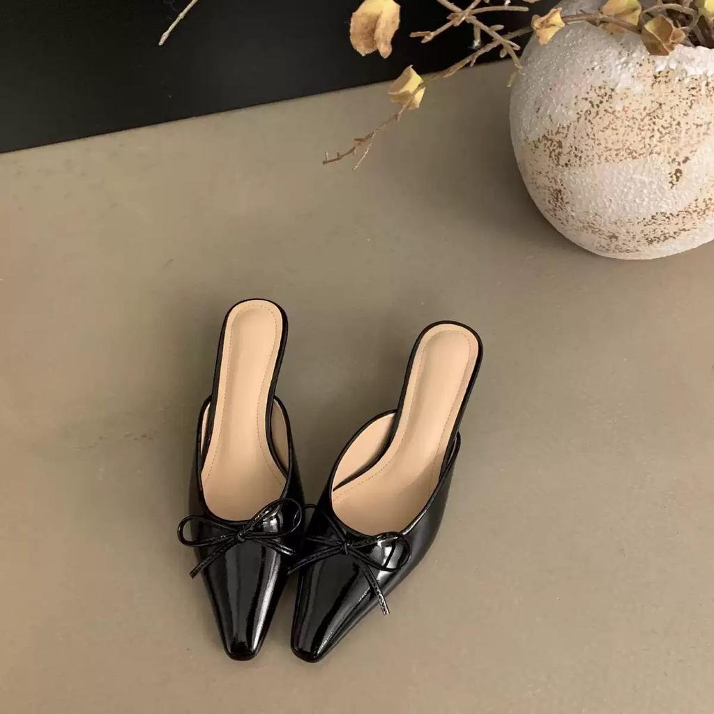 In the summer of 2025, the new bow mid-heel Muller shoes bag head half slippers women's large size high-heeled single shoes cool slippers