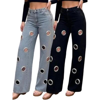 Vintage Holes Jeans Pants Sexy Women High Waist Elegant Night Club Denim Straight Trousers