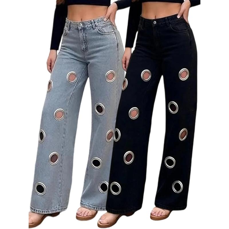 Vintage Holes Jeans Pants Sexy Women High Waist Elegant Night Club Denim Straight Trousers