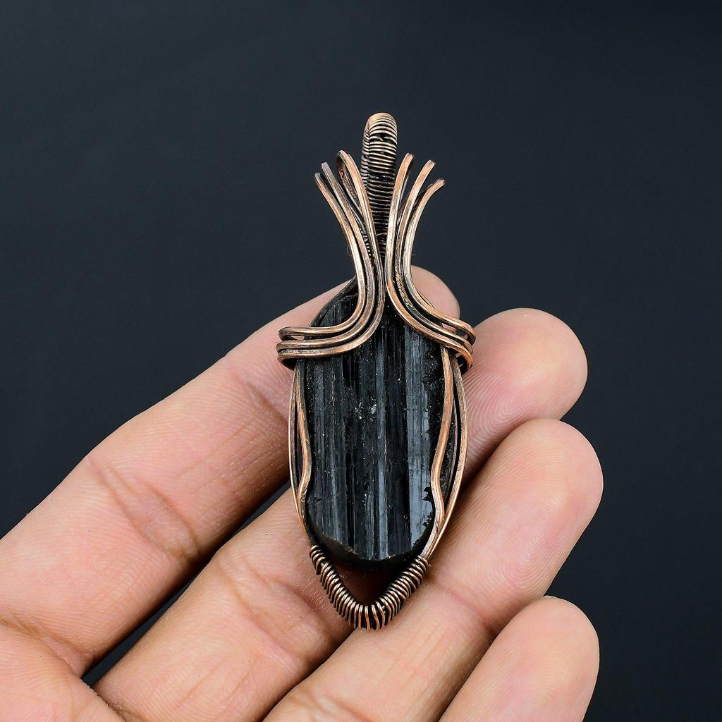 Black Rutile Gemstone Handmade Pure Copper Wire Wrap Jewelry Pendant For Women