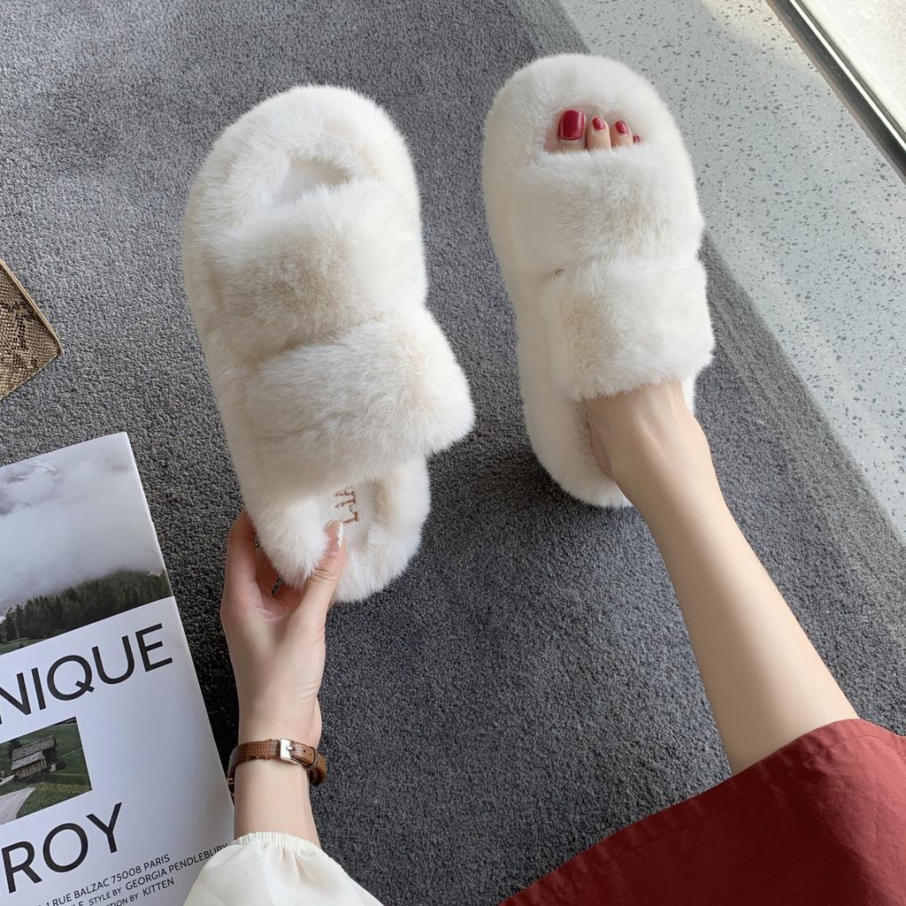 2024 Autumn and Winter New Outer Wear Women's Fluffy Shoes Double Word with Women's Plush Slippers Korean Version of Casual Home Hair Mop