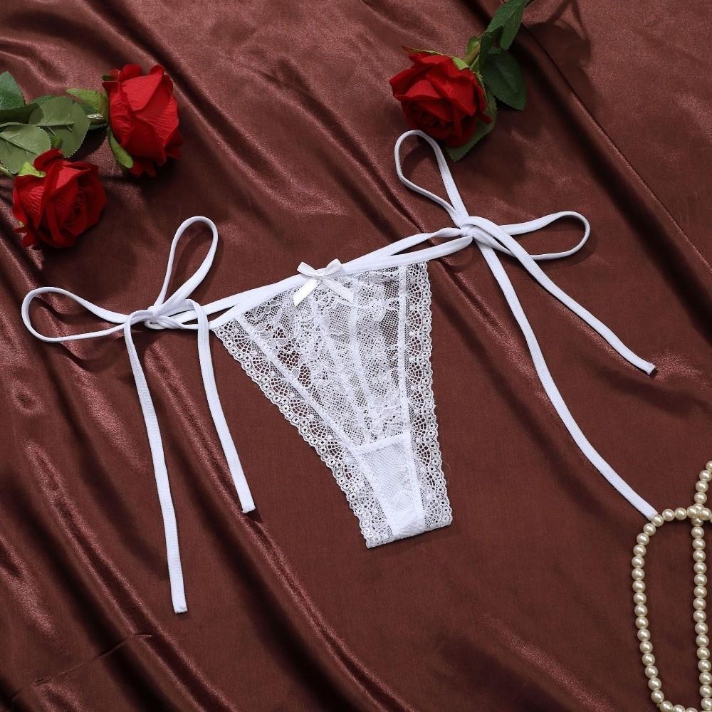 Adjustable Waist Strap Bow Lace Flower Transparent Briefs Low Waist Romantic T Panties Lady