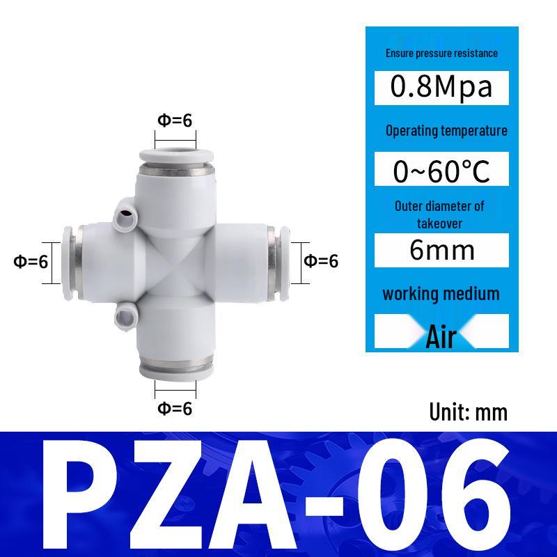 Pneumatic Nylon Air Hose Quick Connect Fittings: PU Straight, PY 5-Way, Cross 4-Way, PZA 3-Way, PE Connector with White/Blue Cap