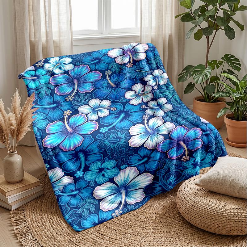 Blue Hibiscus Pattern Blanket Personalized Name Flannel Blanket Soft Cozy Plush Throw for Sofa Bed Lightweight Home Decor