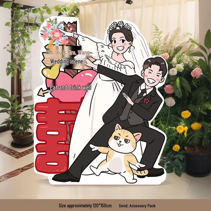 Welcome Sign Wedding Standee: Hand-Painted Cartoon Figure Poster Board for Event Decoration