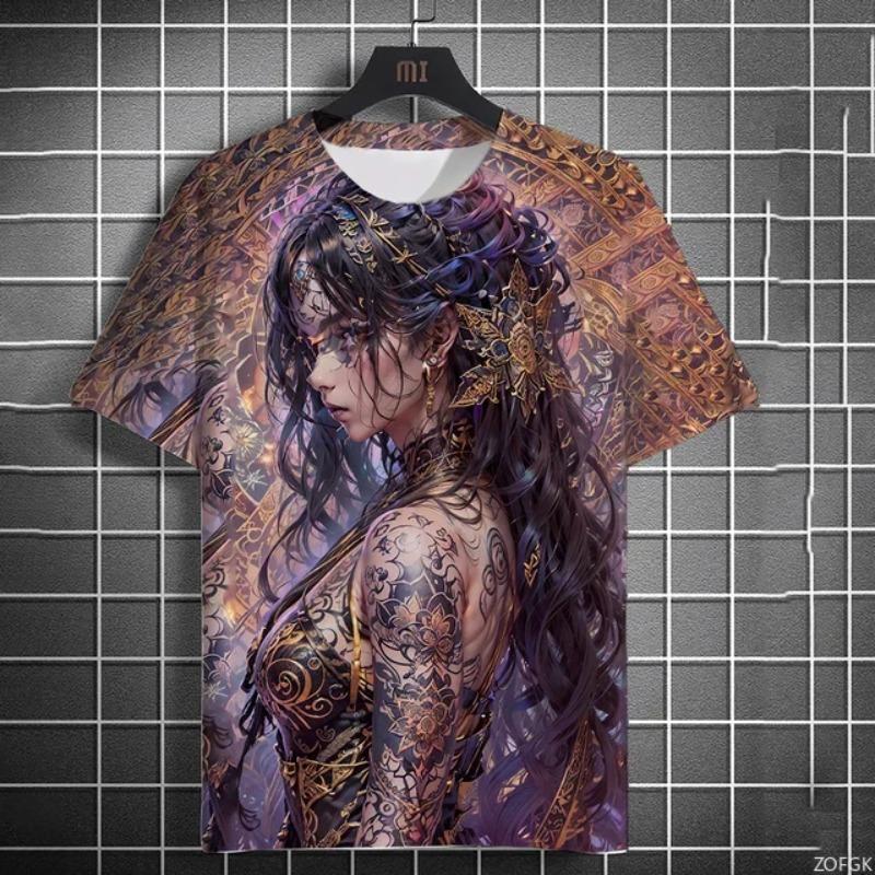 Anime Goddess Back Tattoo 3d Print Men T-shirt Harajuku Outdoor Street Casual Plus Size Short-sleeve Tees Top Women Clothing