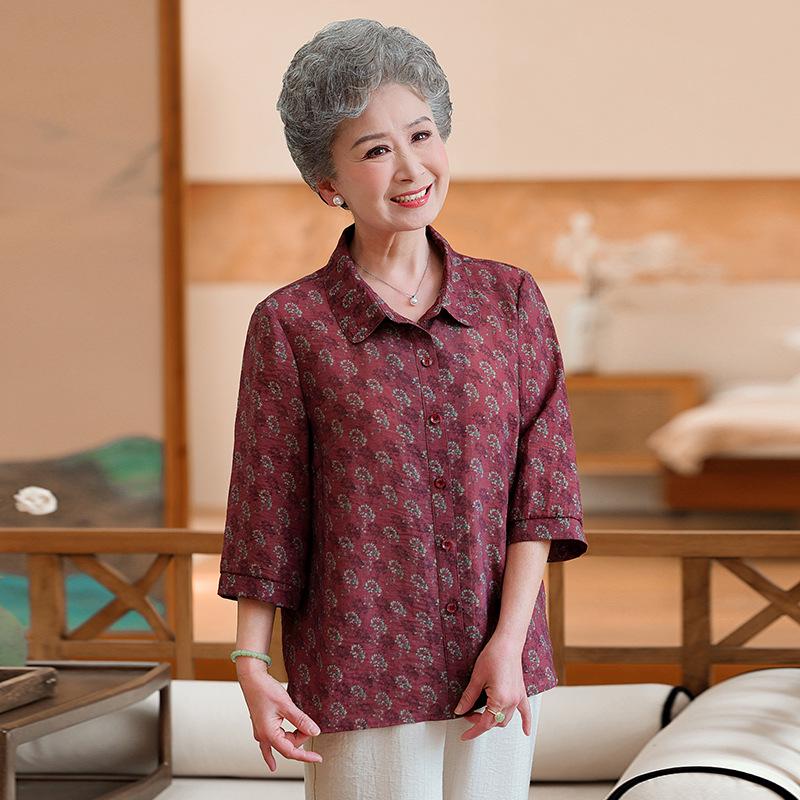 

Grandma-Style Loose Lapel Shirt: Spring/Summer Three-Quarter Sleeve for Middle-Aged & Elderly Women 3XL (120-135 jin)