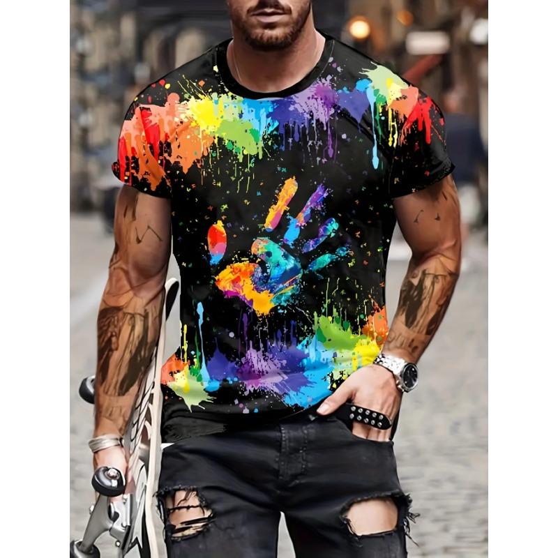 

Модная мужская футболка с коротким рукавом и круглым вырезом, с 3D цифровым принтом в виде брызг краски и отпечатков рук, летняя, для улицы XL
