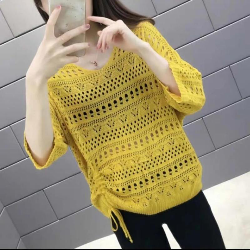 

WTEMPO летний вязаный кардиган, женские полые однотонные тонкие футболки, свободные вязаные жилеты с v-образным вырезом и короткими рукавами, короткие топы XXL