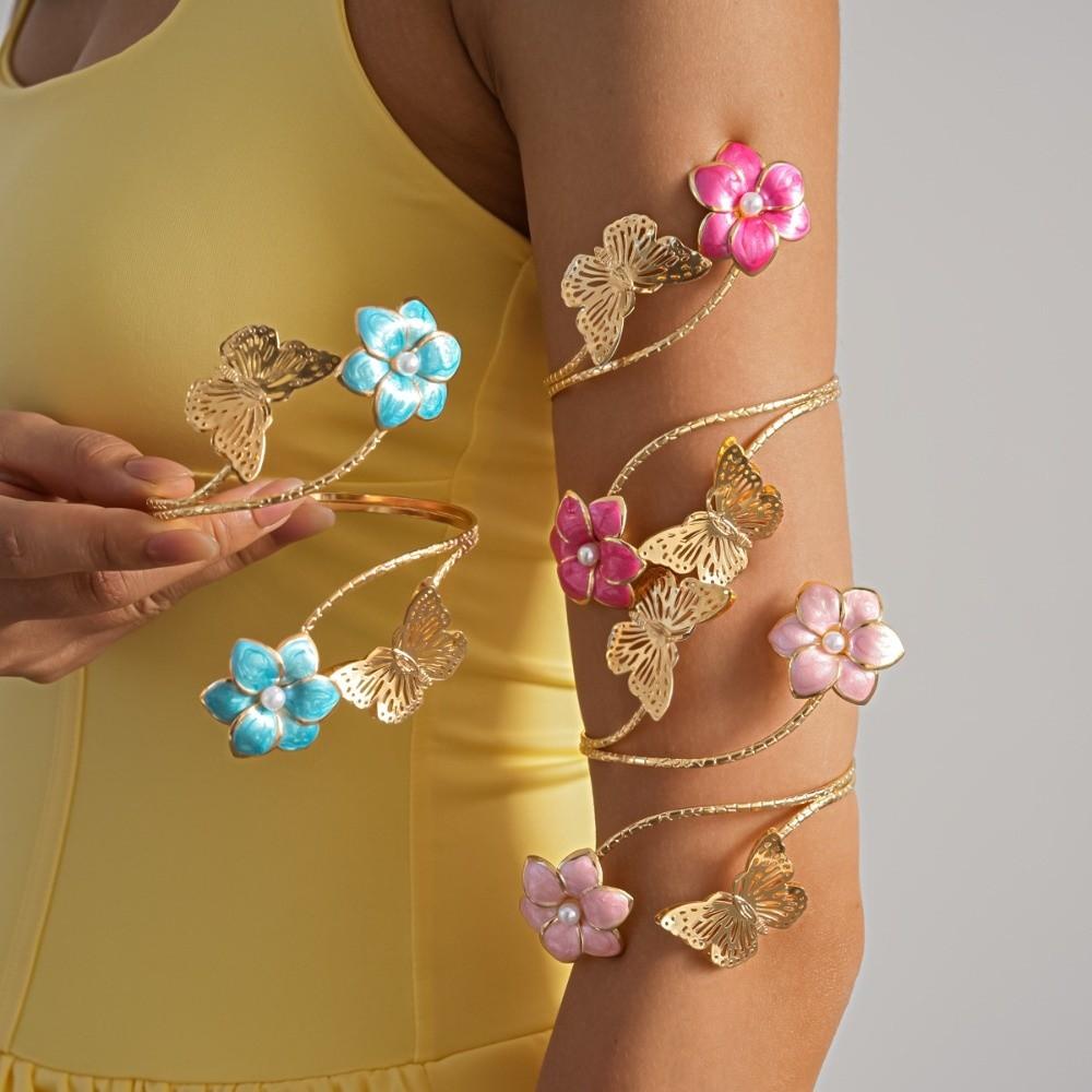 Twist Line Cuff Bangle for Women Pearl Bohemian Bracelet Fashion Flower Butterfly Arm Cuff Summer