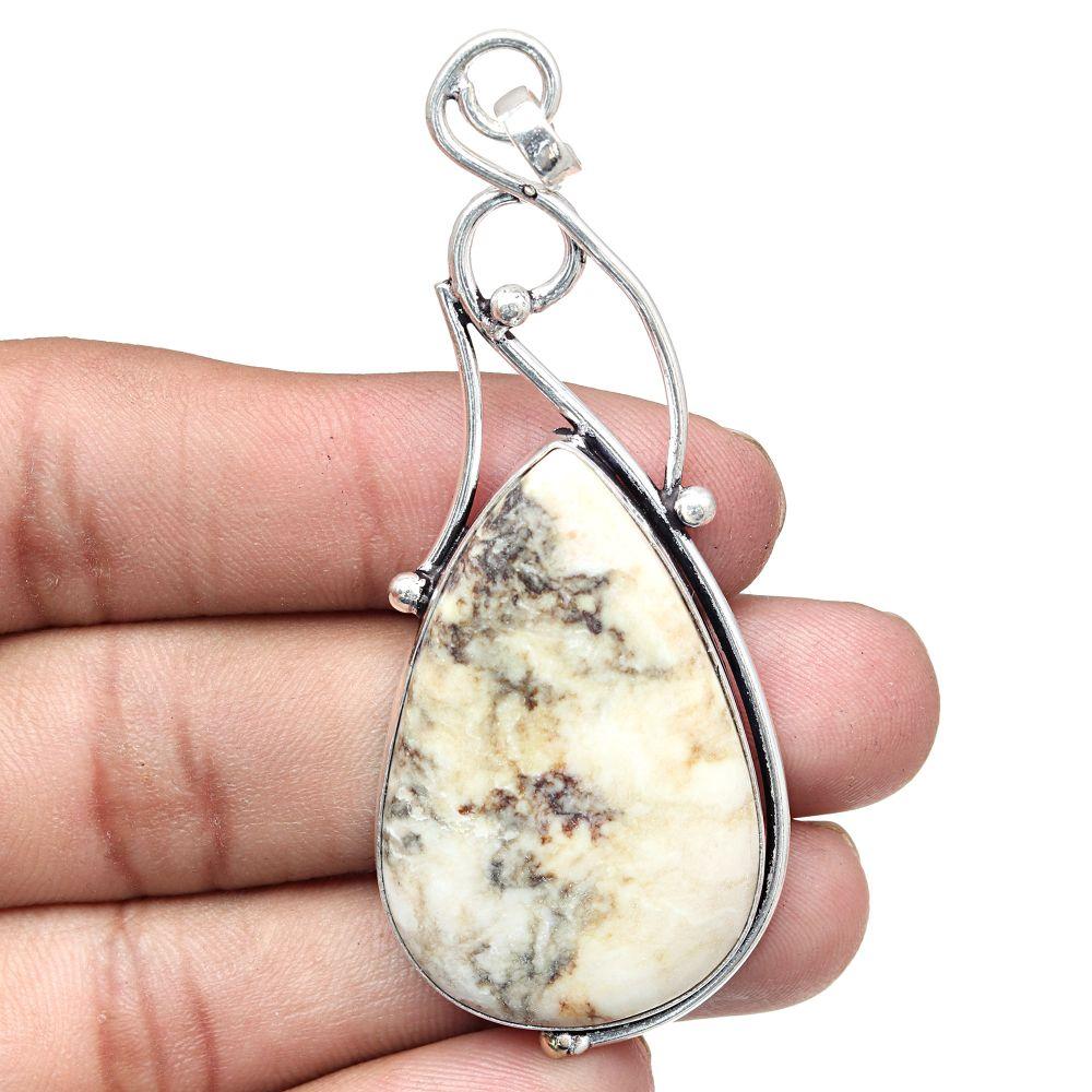 Necklace Howlite Jasper Gemstone Handmade Silver Jewelry 3"