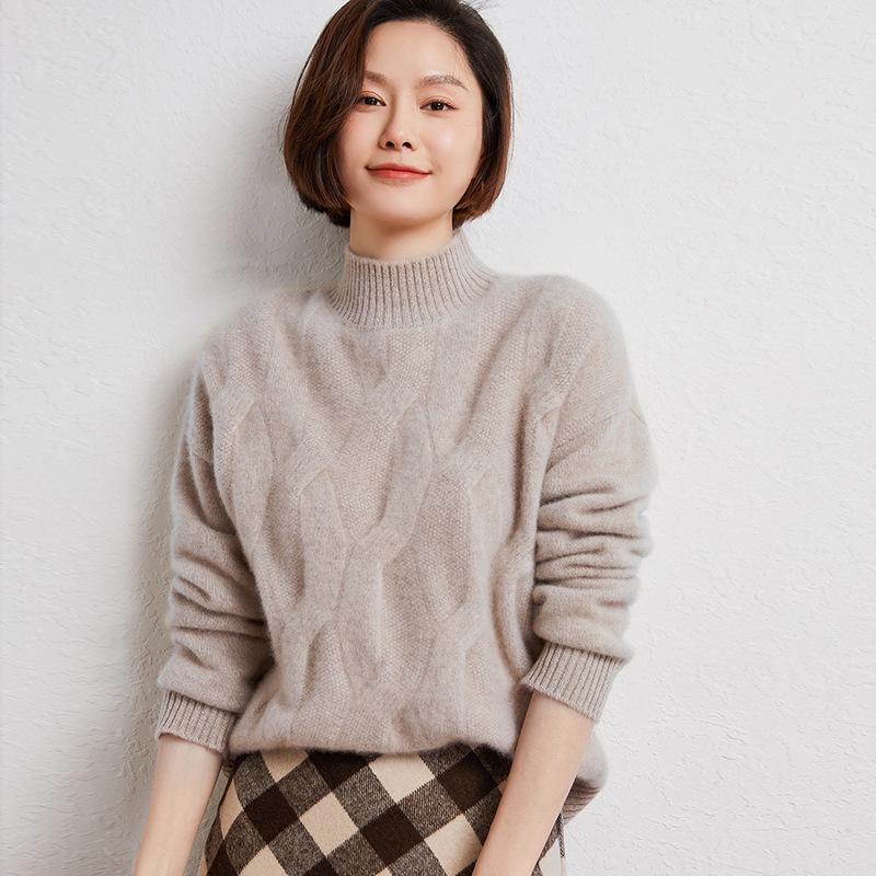Women's Chunky Cable Knit Cashmere Sweater - Solid Color, Half-High Neck, Thickened Pullover for Autumn and Winter