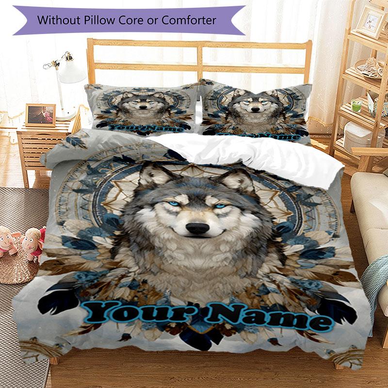 3PC Custom Name Wolf Spirit Dreamcatcher Bedding Set Duvet Cover Closure Includes 1 Duvet Cover & 2 Pillowcases for Bedroom