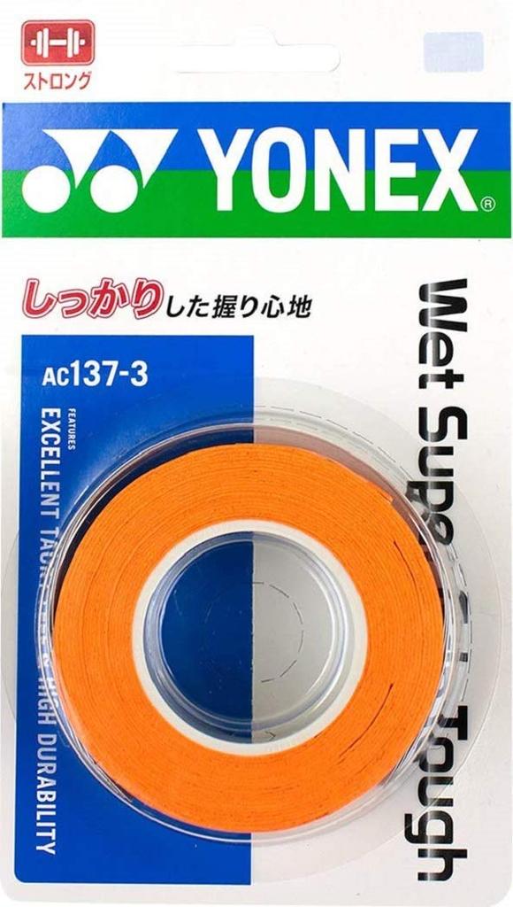 YONEX Grip Wet Super Grip Tough Bright Tennis/Badminton Tape, (3-Pack), Orange, AC137-3