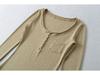 Women's Slim-Fit Long-Sleeve Henley V-Neck Top with Pocket, Stretchy Fine Cotton, Spring/Autumn Style
