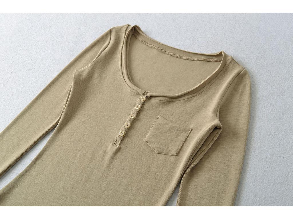 Women's Slim-Fit Long-Sleeve Henley V-Neck Top with Pocket, Stretchy Fine Cotton, Spring/Autumn Style