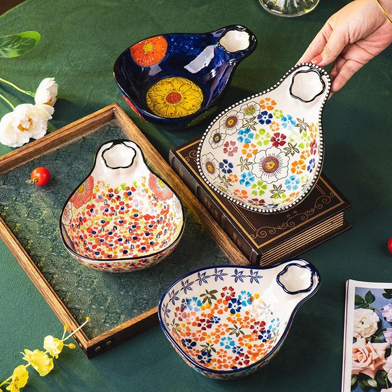 Hand-painted Dumpling Plate with Vinegar Plate Household Retro Ceramic Tableware Vegetable Plate Special Plate for Dumplings Fruit Snack Plate