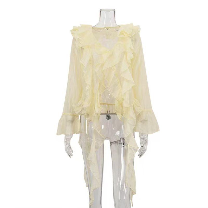 

Модный Ветер Новинка Сексуальный Прозрачный Воланы V-образный вырез Рукав 3/4 Рубашка Топ V-образный вырез Шнуровка Рубашка Beige M