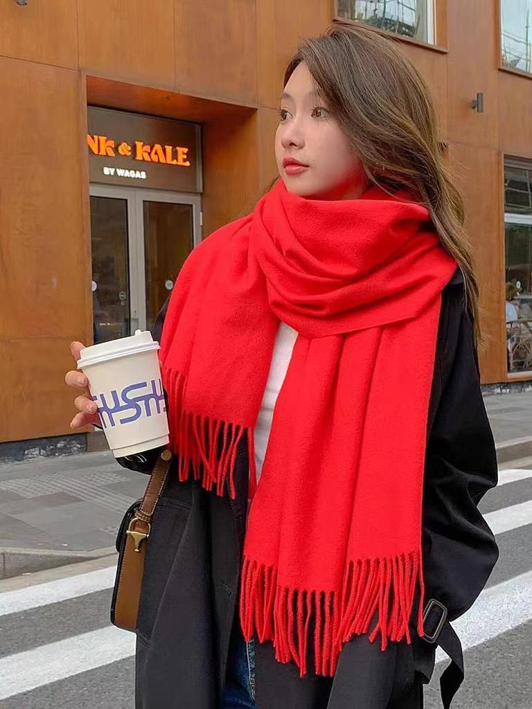 Dámská zahuštěná jednobarevná dlouhá šála - Počesaný imitovaný kašmír, nežmolkující šál s třásněmi na podzim a zimu