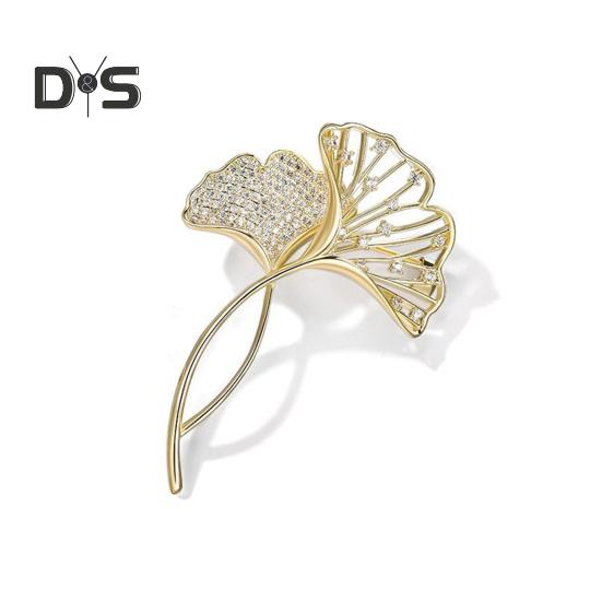 Women Elegant Ginkgo Leaf Shape Brooch Shiny Rhinestones Inlaid Pin Suit Collar Shawl Scarf Badge Costume Accessories