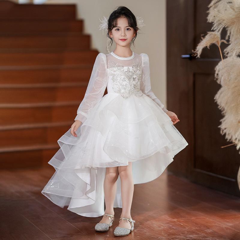Children's High-End White Sequin Princess Dress - Short Front, Long Back, Perfect for Piano Performances, Weddings, and Autumn Flower Girl Events