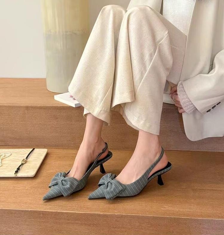 Fashion high heels women's striped design bow black temperament pointed stiletto sexy dress white bag sandals summer large size