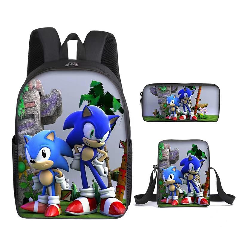 Sonic Primary School Student Schoolbag Three-Piece Set, Animation Cartoon Backpack, Shoulder Bag Pencil Case