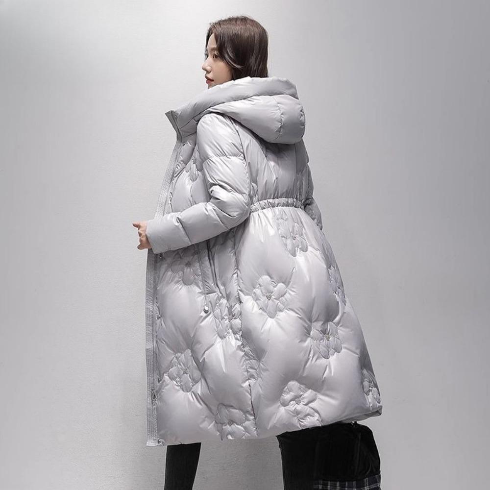 Jednobarevná lesklá dlouhá a tenká módní hřejivá péřová bunda s kapucí dámský zimní kabát