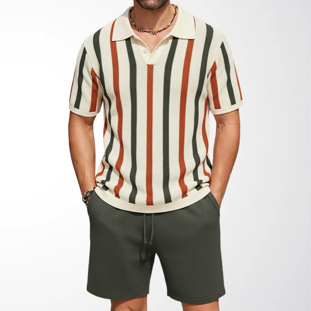 Completi Estivi da Uomo a 2 Pezzi Set Corti in Maglia Vintage Pullover a Manica Corta Polo Casual Tuta da Spiaggia Top a T-shirt e Pantaloncini Set Coordinato per Uomo