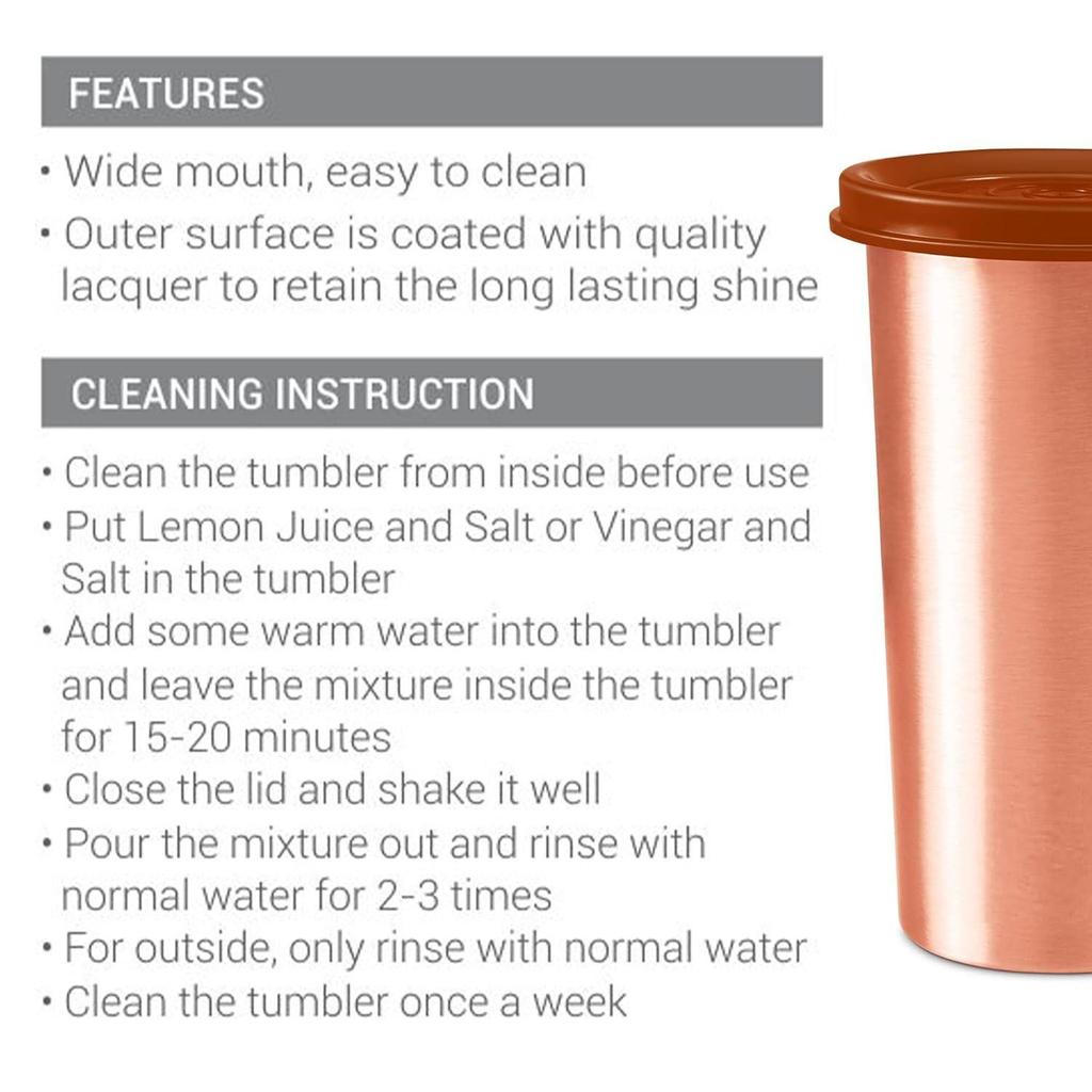 Copper Drinking Water Tumbler with Lid, Set of 2, 480 Ml Each, Copper | 100% Leak Proof | Office | Gym | Yoga | Home | Kitchen