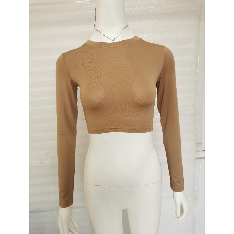 2026 Fashionable Solid Color Short Slim Fit Cropped Long Sleeve T-Shirt for Women with Round Neck
