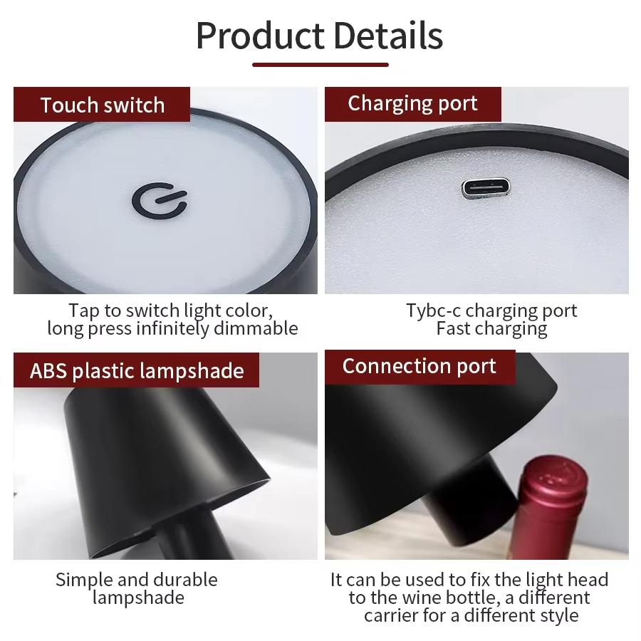 Wireless Bottle Lamp USB Rechargeable Touch Control Table Lamp 3 Colors Stepless Dimming Night Lamp For Bars Wine Bottles Decor