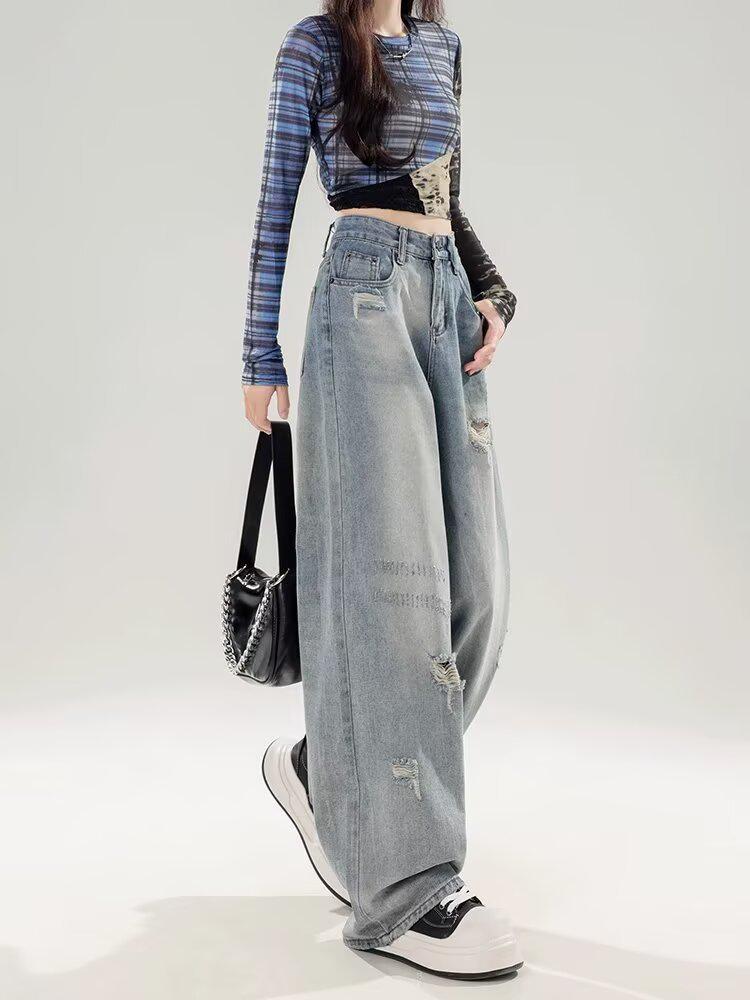 2025 Women's American Style Ripped Wide-Leg Floor-Length Jeans - Loose, Retro, Versatile for Spring and Autumn