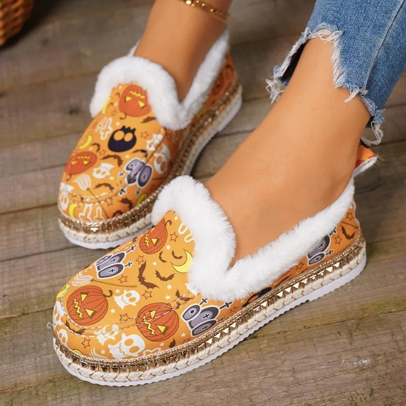 Fashion Halloween Flats Women Shoes Random Print Fur Warm Loafers 2025 New All Saints' Day Party Casual Cozy Cotton Shoes Mujer Zapatos