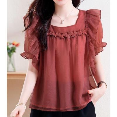 Summer Relaxed Fit Short Sleeve Tee with Flounce Blouse for Ladies