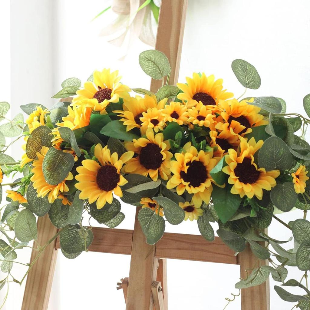 WYSRJ Artificial Sunflower Swag with Eucalyptus, 29.5 Inch Decorative Swag Floral with Sunflowers Wedding Arch Decor Fake Floral Wreath for Door