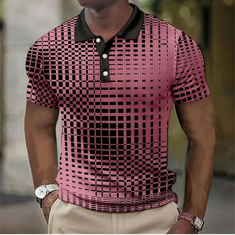 Summer Lapel 3D Print Grid Pattern Top Fashionable Casual Short Sleeved Men's Polo T-shirts