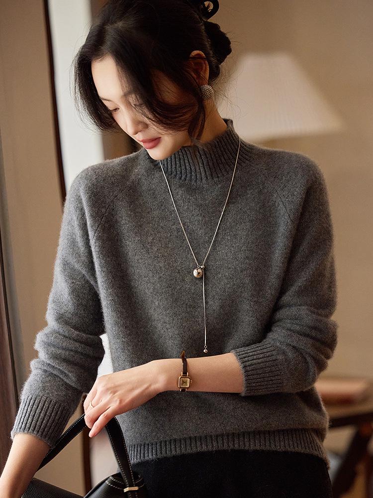 Women's Pure Wool Half-High Collar Sweater - Autumn/Winter 2025, Casual Loose Fit, Thickened Base Layer