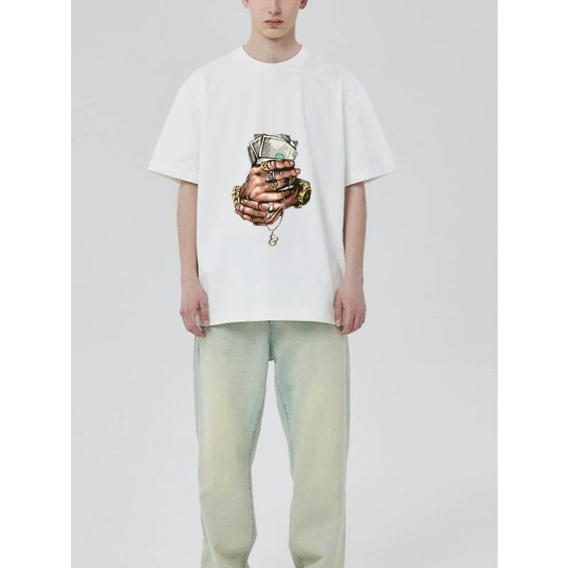 Black T Shirt with Hands Holding Money and Chain Pendant Print for Casual Streetwear Style