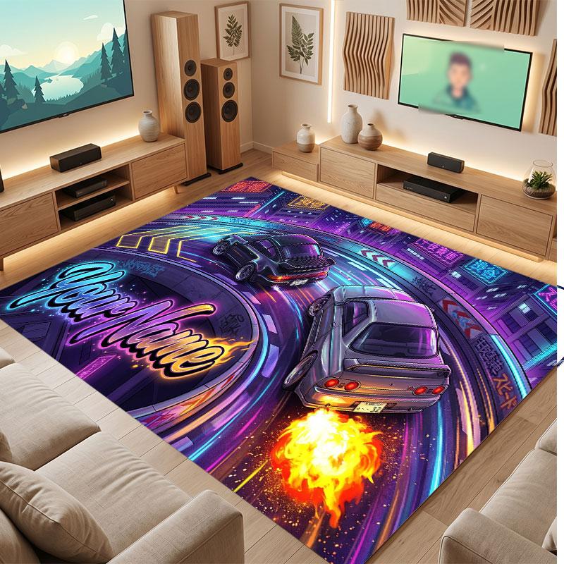 City Cyberpunk Theme Crystal Velvet Floor Rug Personalized Custom Name Text Warm Carpet Home Decoration