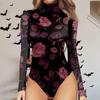 Maglietta Monopezzo da Donna Autunno e Inverno Slim Manica Lunga Collo Mezzo Alto Vintage Halloween Stampato Body Top