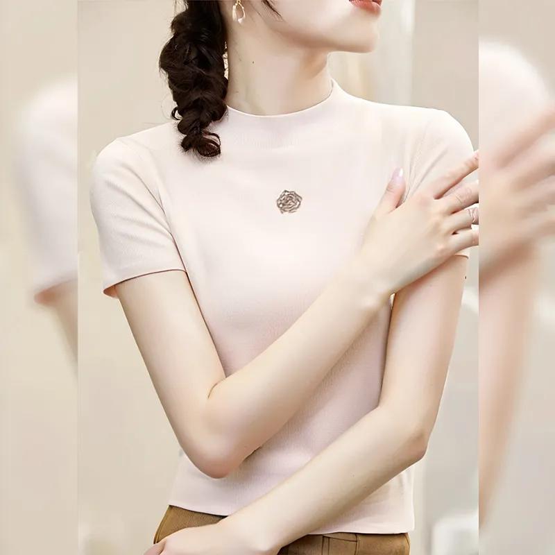 

Spring Summer Rhinestone Mock Neck Short Sleeve Top Slim Fit Knit T-Shirt for Casual S абрикосовий