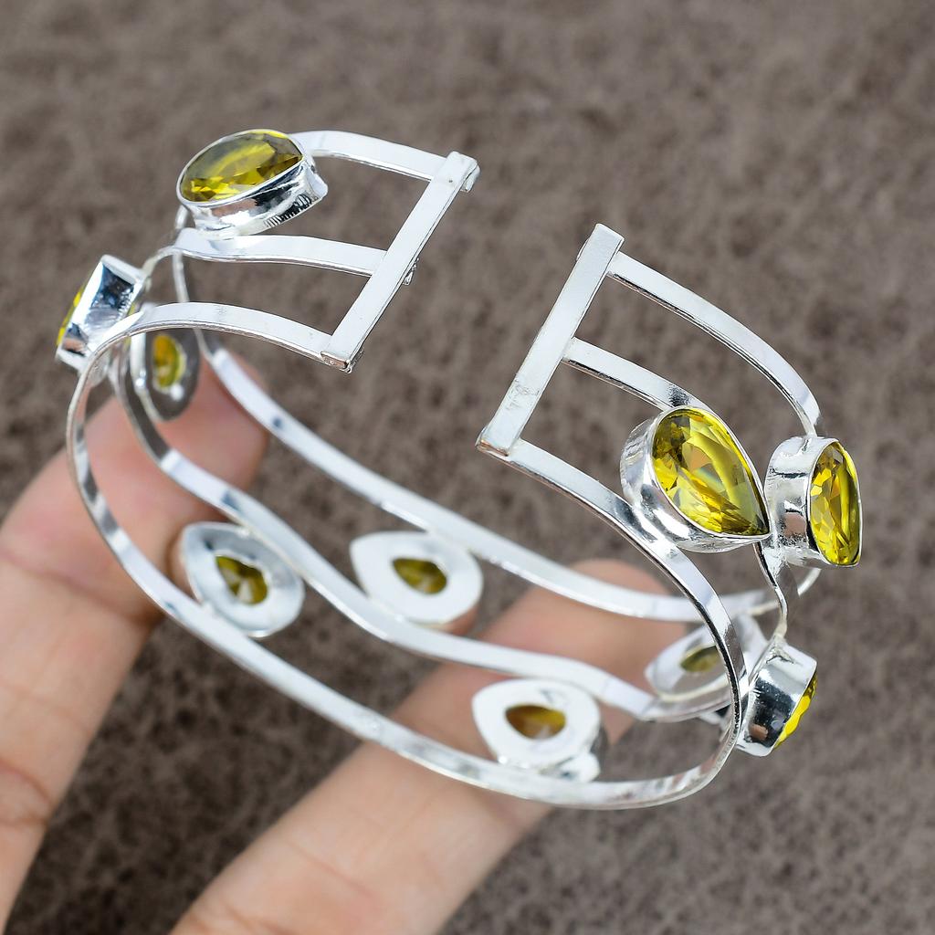 Citrine Gemstone Handmade 925 Sterling Silver Cuff Bangle Adjustable KKG-270