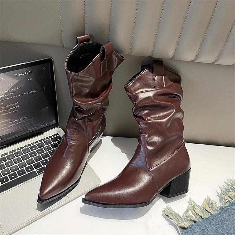 Fashion High Heels Mid Calf Pleated Boots Women Autumn Winter Vintage Brown Pu Leather Western Boots Woman Thick Heeled Botas Mujer
