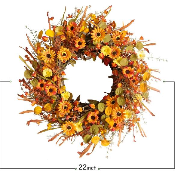 TEMPUS 22inch Thanksgiving Daisy Grain Wreath Autumn Harvest Wreath Eucalputs Leaves with Berries Wreath Fall Decor Front Door Indoor or Outdoor Wall
