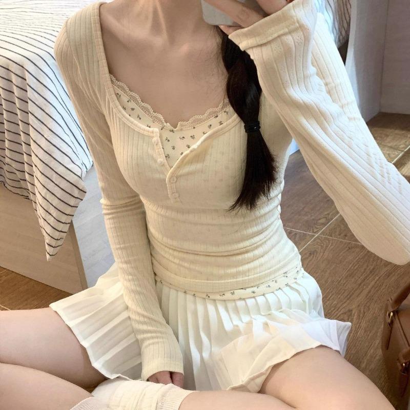 2KWEIRD T-shirts Women Floral Fake Two Pieces Korean Fashionable Designed All-match Hotsweet Y2k Tops High Street Basic Clothes Fairy