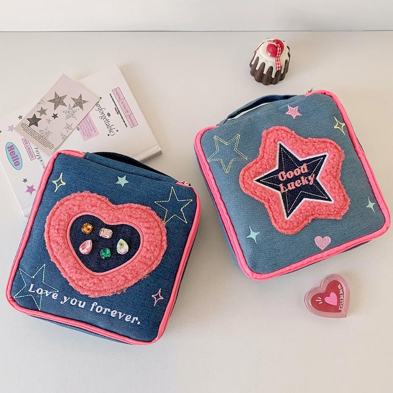 Denim Fabric Portable Cosmetic Bag with Zipper Large Capacity Travel Storage Toiletry Bag for Girls Creative Makeup Supplies New